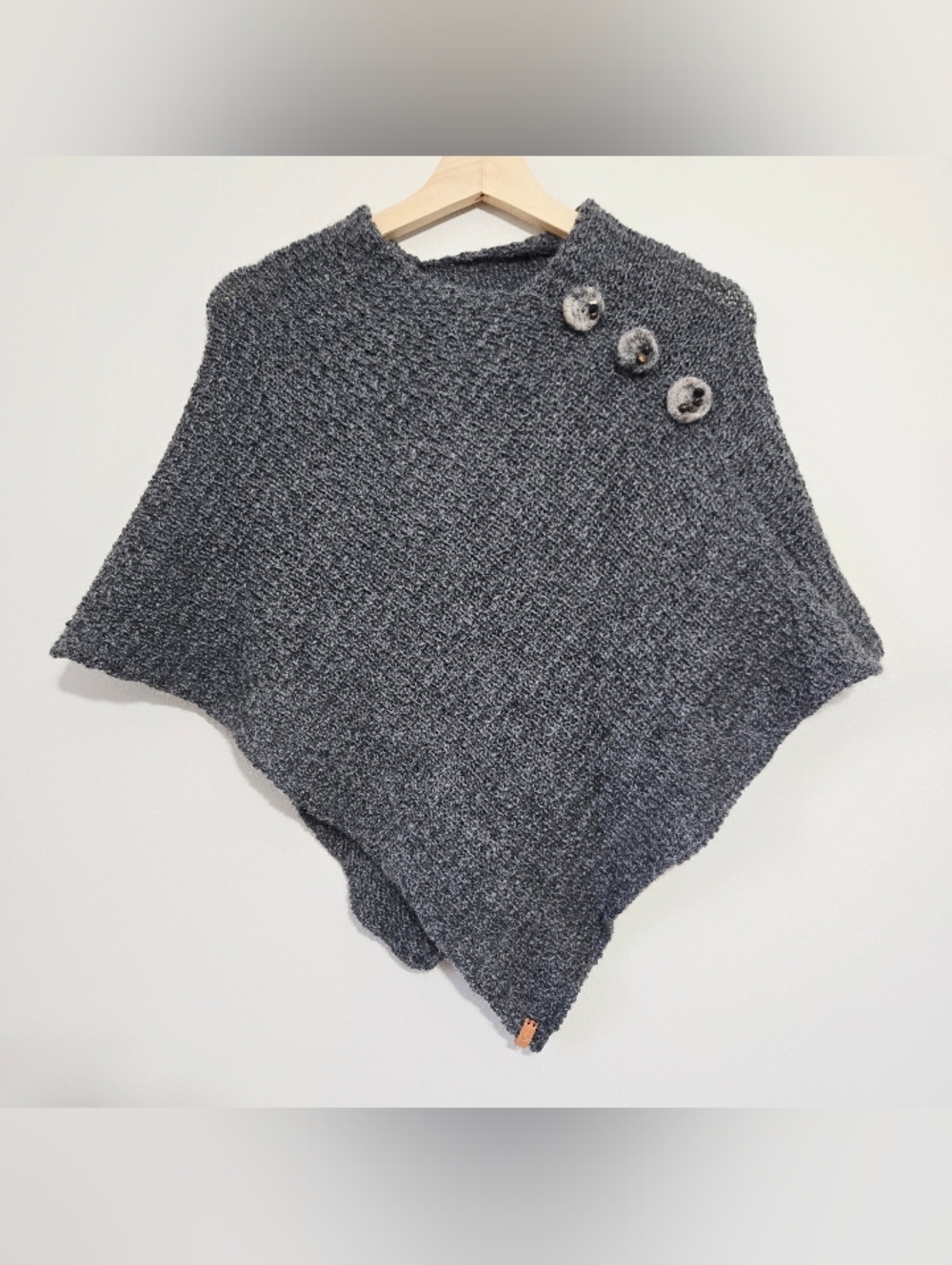Handmade Gray Knit Poncho Cape Felt Button Boho Artisan Cozy Wrap Wool Blend OS